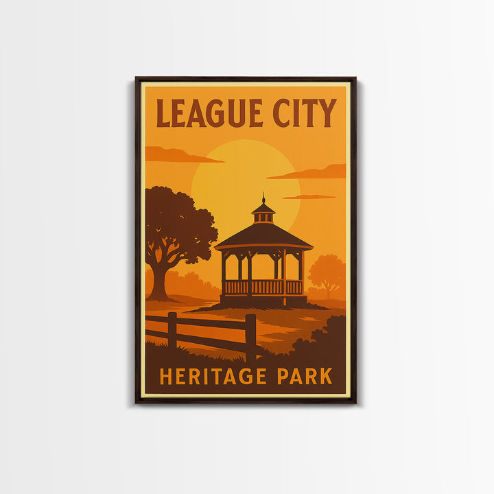 League City Texas Travel Poster, Canvas Print, Golden Travel Poster Art, League City City Art, Living Room Wall Art, Vintage Travel Print