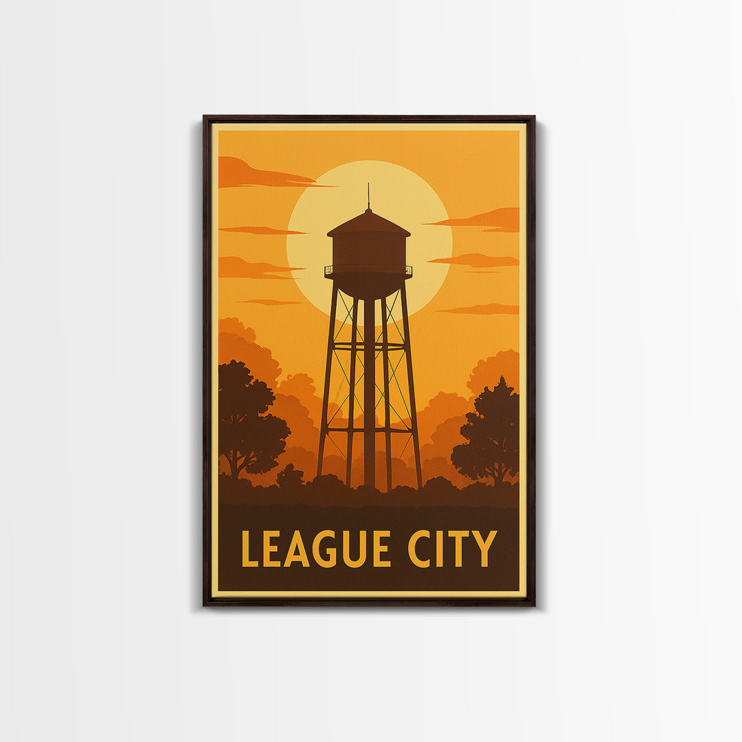 League City Travel Poster, Framed Canvas Print, Vintage Deco Wall Art, League City Travel Art, Vintage Travel Print, Vintage City Art