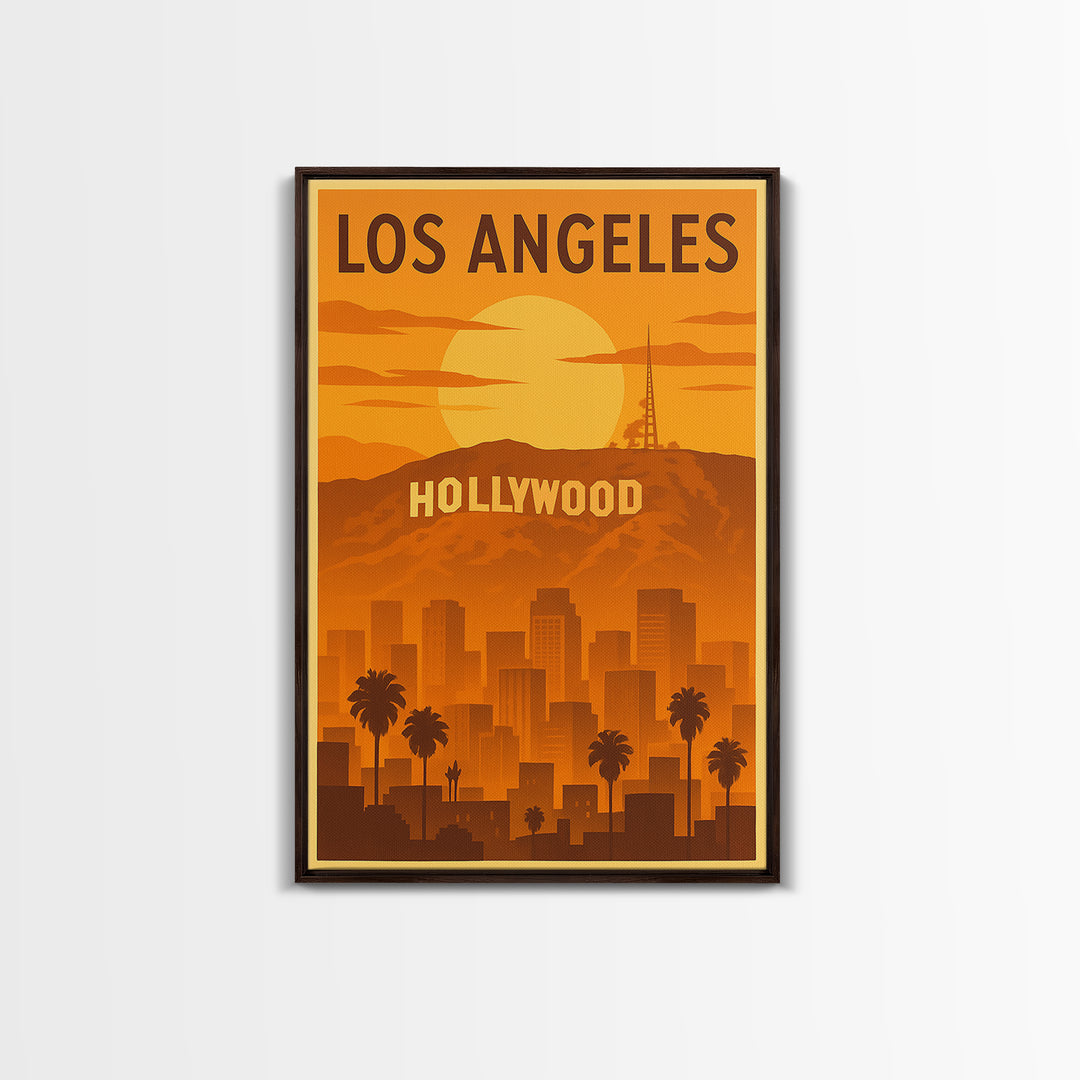 Los Angeles California Travel Poster, Canvas Print, Warm Sunset Silhouette Art, Los Angeles Art Print, City Travel Prints, Wanderlust Decor