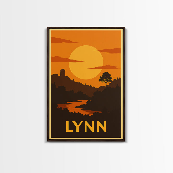 Lynn Travel Poster, Framed Canvas Print, Gold Art Deco Poster Art, Lynn City Art, Watercolor Skyline Art, City Travel Prints, Poster Print