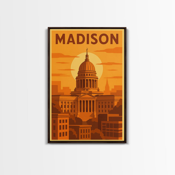 Madison Wisconsin Travel Poster, Framed Canvas Print, Gold Art Deco Poster Art, Madison Travel Art, Modern Wall Decor, City Illustration