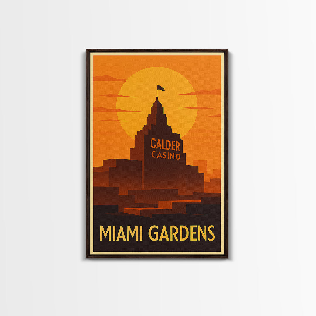 Miami Gardens Travel Poster, Framed Canvas Print, Warm Sunset Silhouette Art, Miami Gardens Wall Art, Vintage City Art, Retro Travel Print