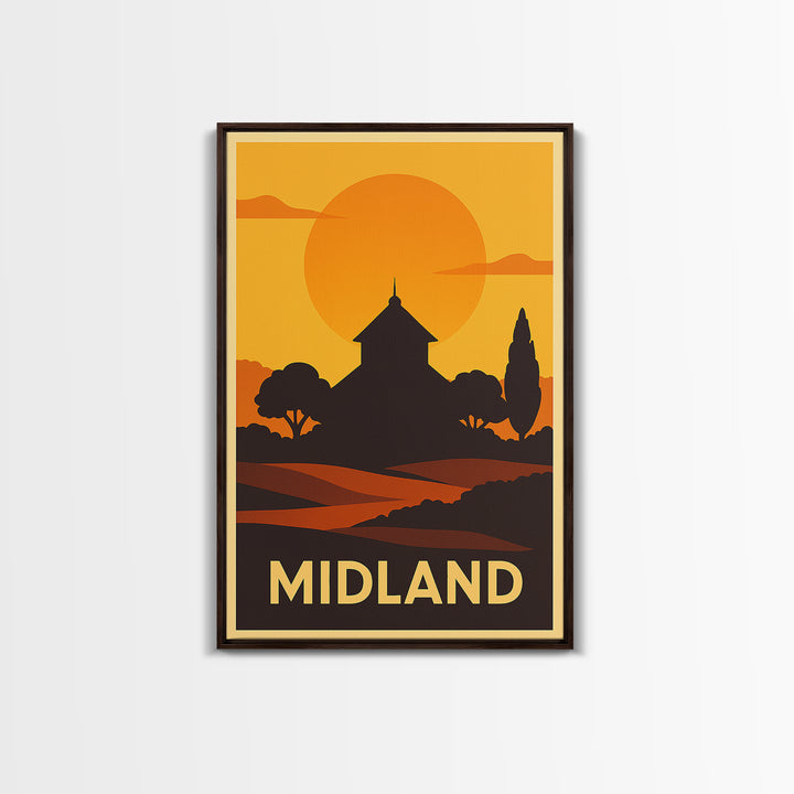 Midland Travel Poster, Framed Canvas Print, Warm Sunset Silhouette Art, Midland Wall Art, Travel Wall Decor, Travel Wall Art, Poster Art