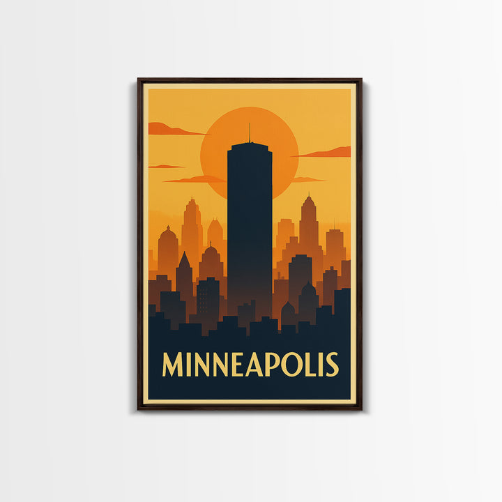 Minneapolis Travel Poster, Framed Canvas Print, Warm Sunset Silhouette Art, Minneapolis Art Print, Eclectic Wall Decor, City Travel Prints