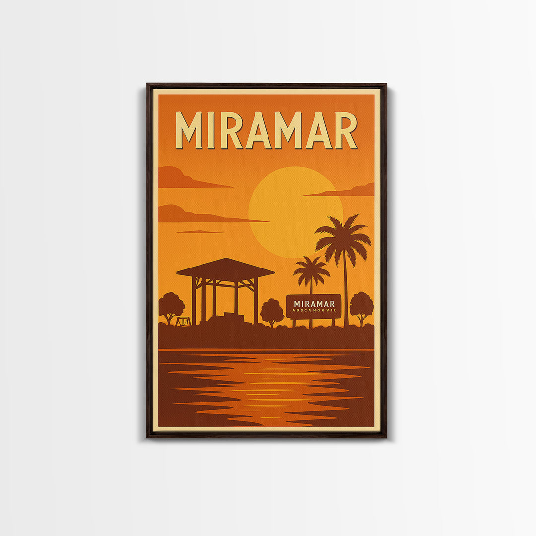 Miramar Florida Travel Poster, Framed Canvas Print, Golden Travel Poster Art, Miramar Poster Print, Modern Wall Decor, Fine Art Print