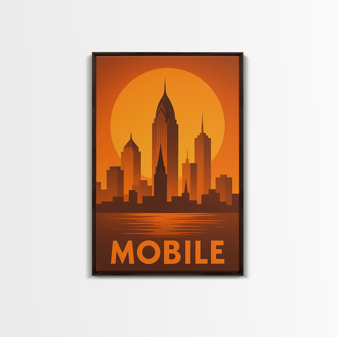 Mobile Travel Poster, Framed Canvas Print, Golden Travel Poster Art, Mobile Art Print, Travel Art Print, Mid Century Wall Art, Design 2