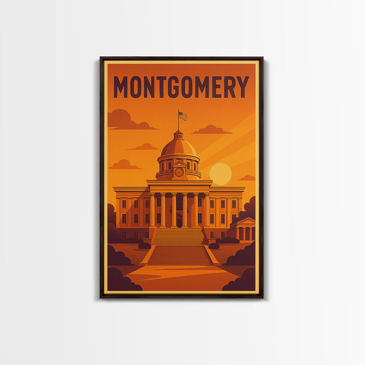 Montgomery Alabama Travel Poster, Canvas Print, Golden Travel Poster Art, Montgomery Travel Art, City Travel Prints, Travel Wall Decor