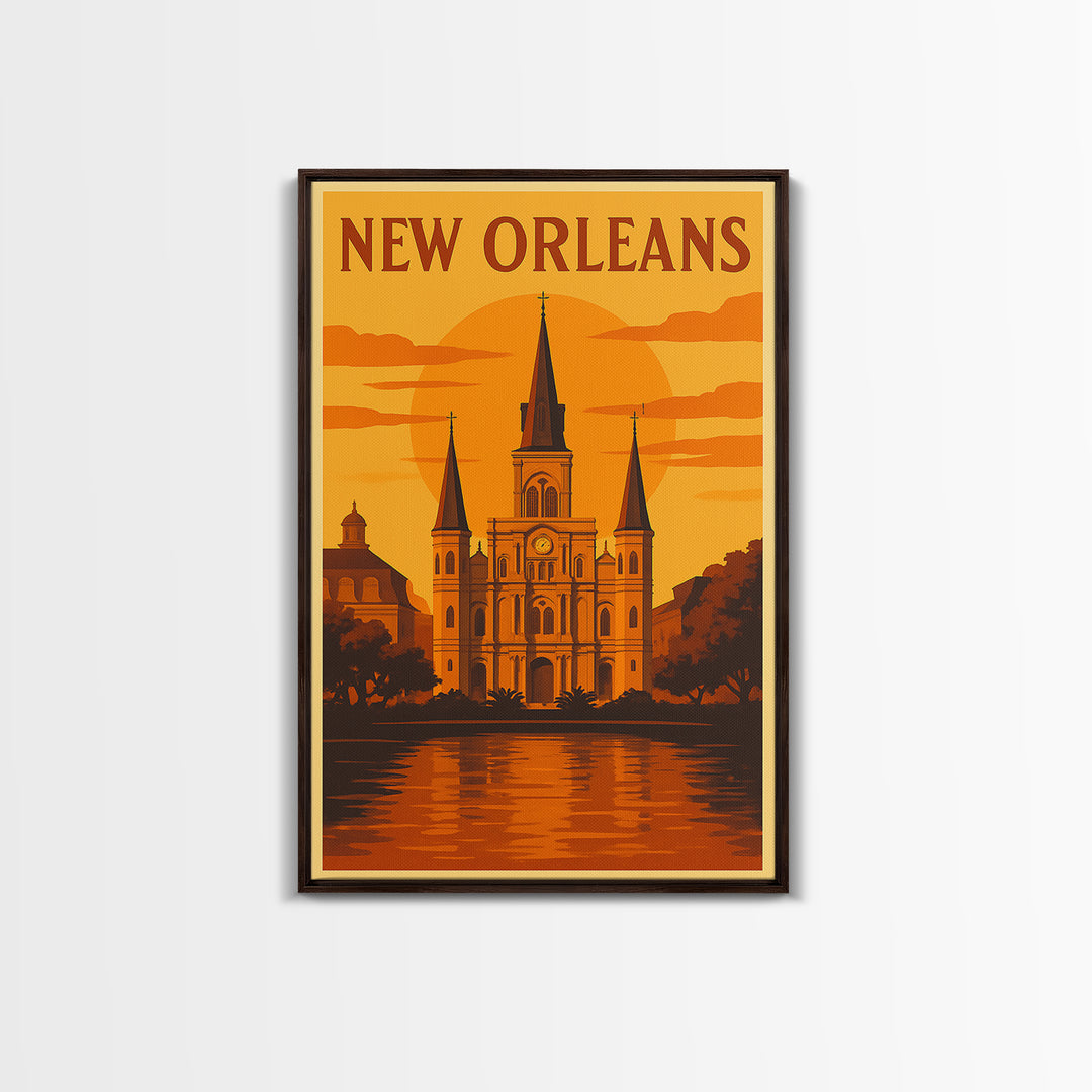 New Orleans Travel Poster, Framed Canvas Print, Golden Travel Poster Art, New Orleans Art Print, Travel Wall Art, City Art Print