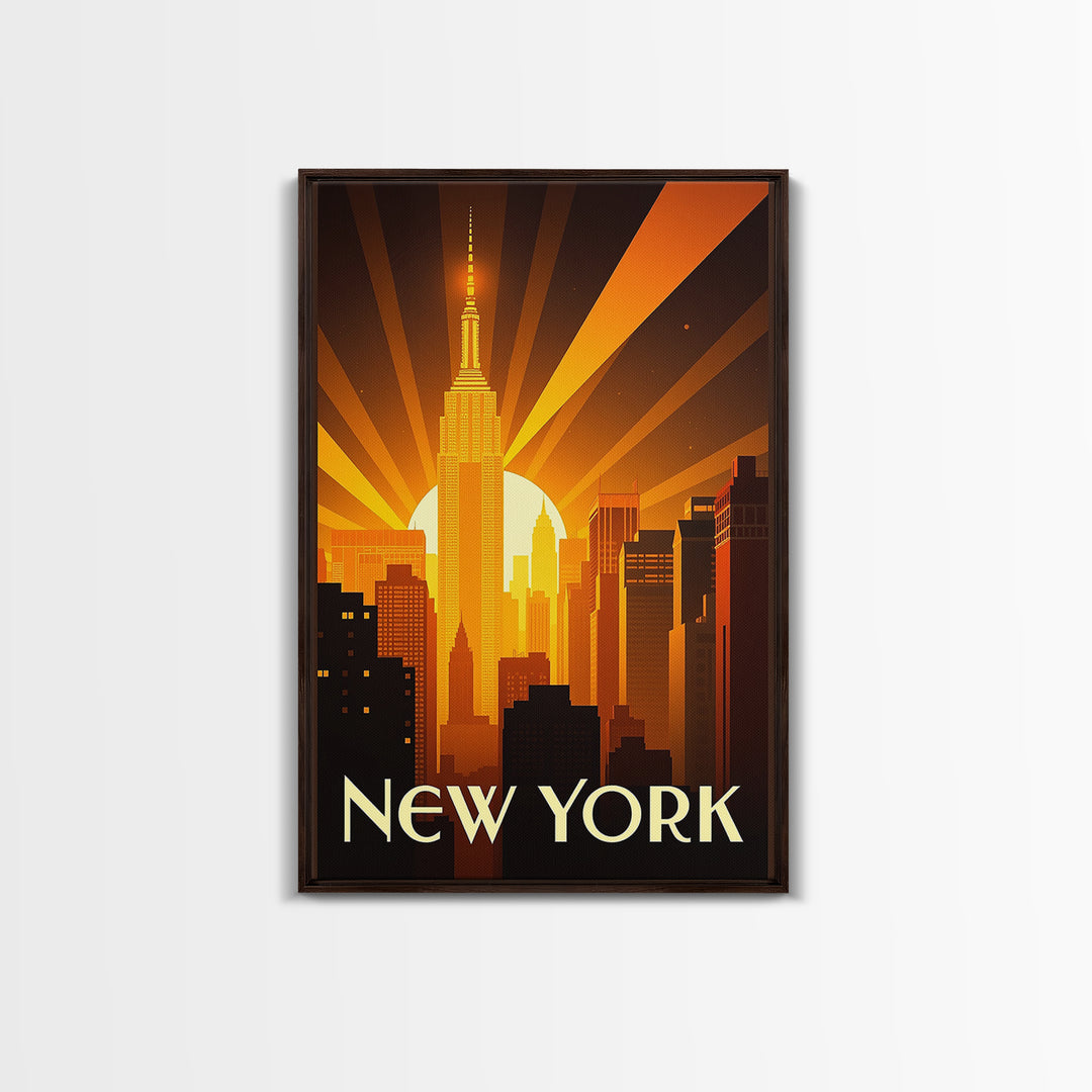 New York Travel Poster, Framed Canvas Print, Golden Travel Poster Art, New York Wall Art, Vintage Travel Art, Vintage City Poster
