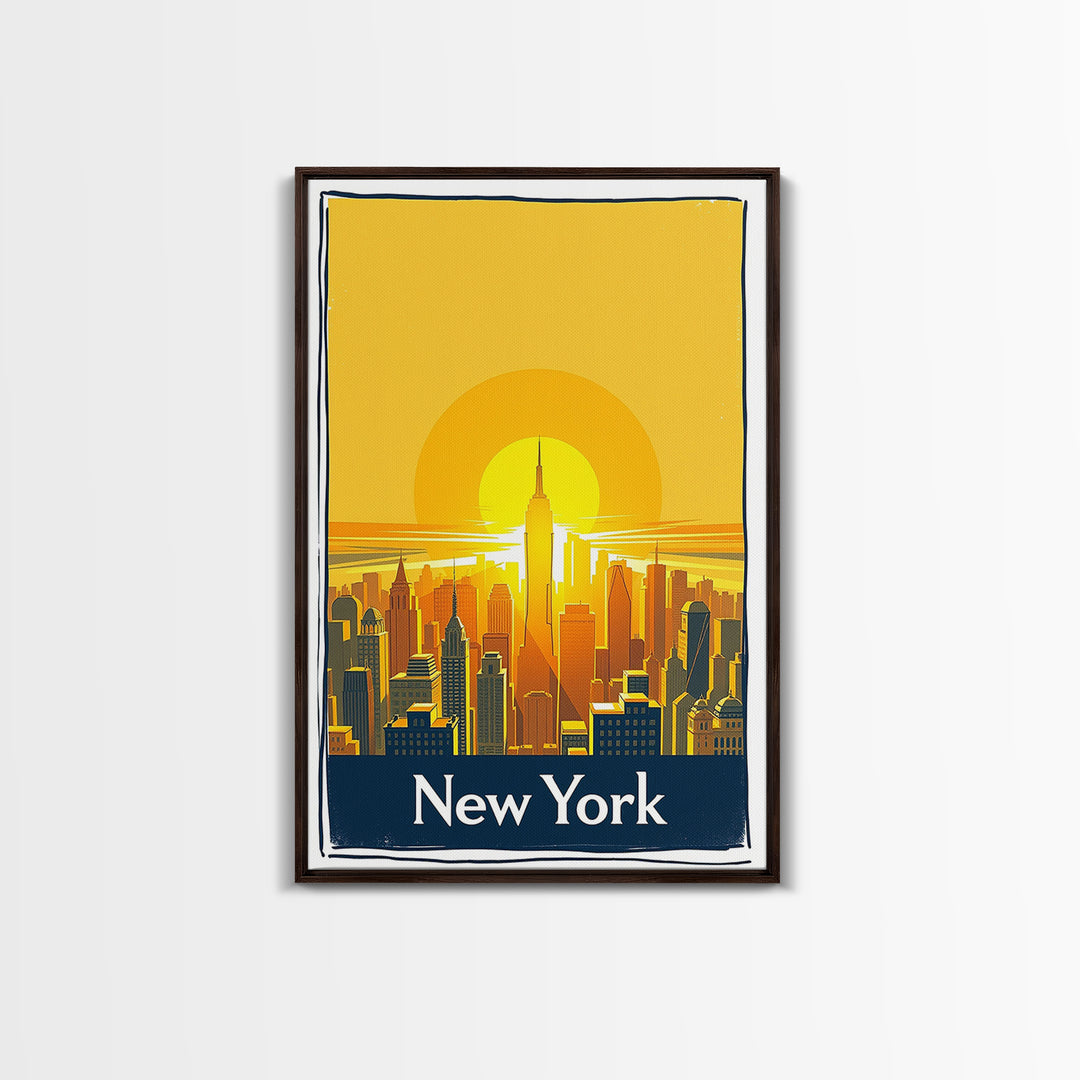 New York Travel Poster, Framed Canvas Print, Golden Travel Poster Art, New York Art Print, City Travel Prints, Watercolor Skyline