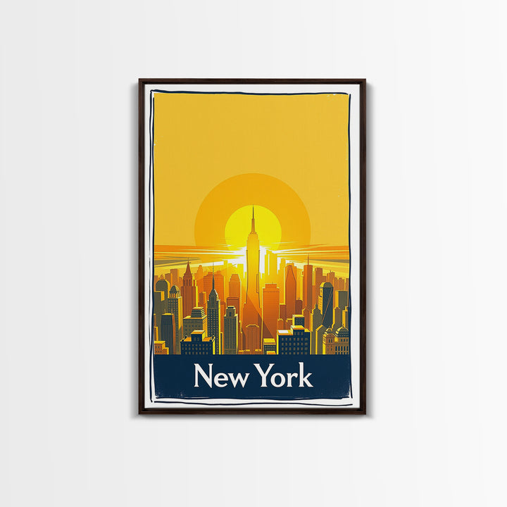 New York Travel Poster, Framed Canvas Print, Golden Travel Poster Art, New York Art Print, City Travel Prints, Watercolor Skyline