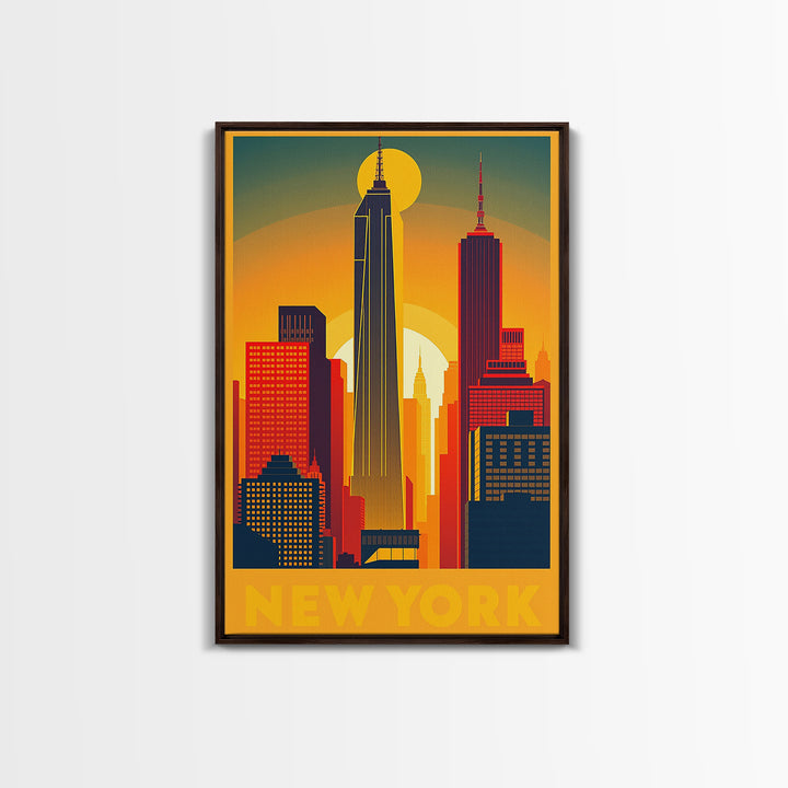 New York Travel Poster, Framed Canvas Print, Golden Travel Poster Art, New York Art Print, Vintage City Art, City Illustration