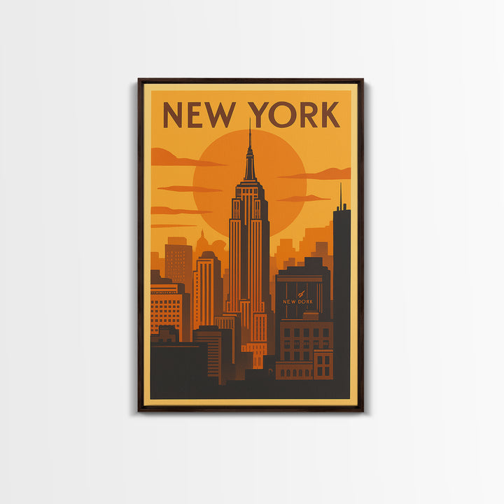 New York Travel Poster, Canvas Print, Warm Sunset Silhouette Art, New York Travel Art, Mid Century Wall Art, Modern Wall Decor