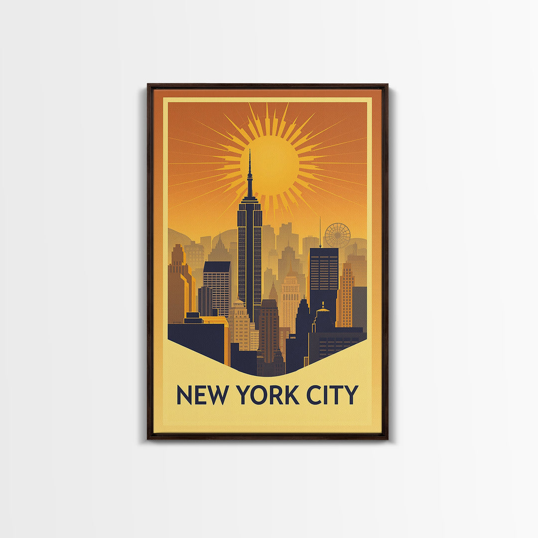New York Travel Poster, Framed Canvas Print, Warm Sunset Silhouette Art, New York City Art, Travel Poster Set, Mid Century Wall Art