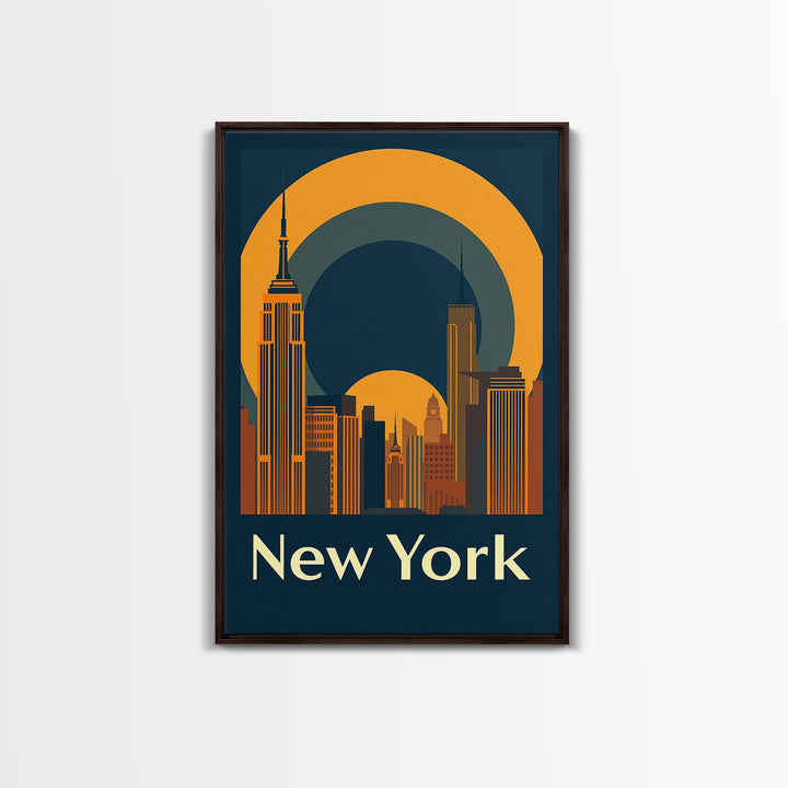 New York Travel Poster, Framed Canvas Print, Warm Sunset Silhouette Art, New York Poster Print, Vintage City Poster, City Travel Prints