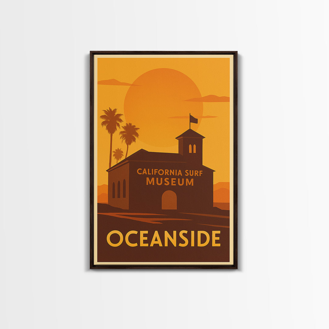 Oceanside Travel Poster, Framed Canvas Print, Warm Sunset Silhouette Art, Oceanside Travel Art, Vintage City Poster, Travel Poster Art