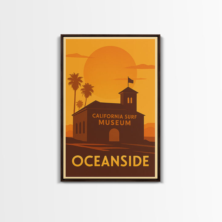 Oceanside Travel Poster, Framed Canvas Print, Warm Sunset Silhouette Art, Oceanside Travel Art, Vintage City Poster, Travel Poster Art