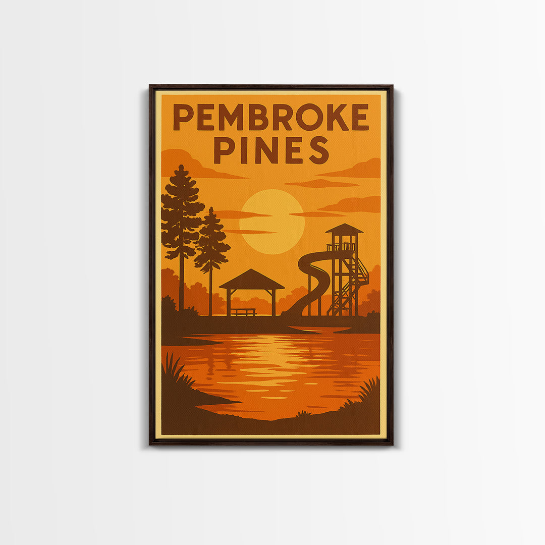 Pembroke Pines Florida Travel Poster, Canvas Print, Warm Sunset Silhouette Art, Pembroke Pines Wall Art, Retro Travel Print, City Poster