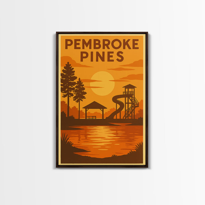 Pembroke Pines Florida Travel Poster, Canvas Print, Warm Sunset Silhouette Art, Pembroke Pines Wall Art, Retro Travel Print, City Poster