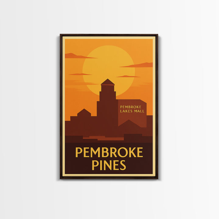 Pembroke Pines Travel Poster, Framed Canvas Print, Warm Sunset Silhouette Art, Pembroke Pines City Art, City Art Print, City Illustration