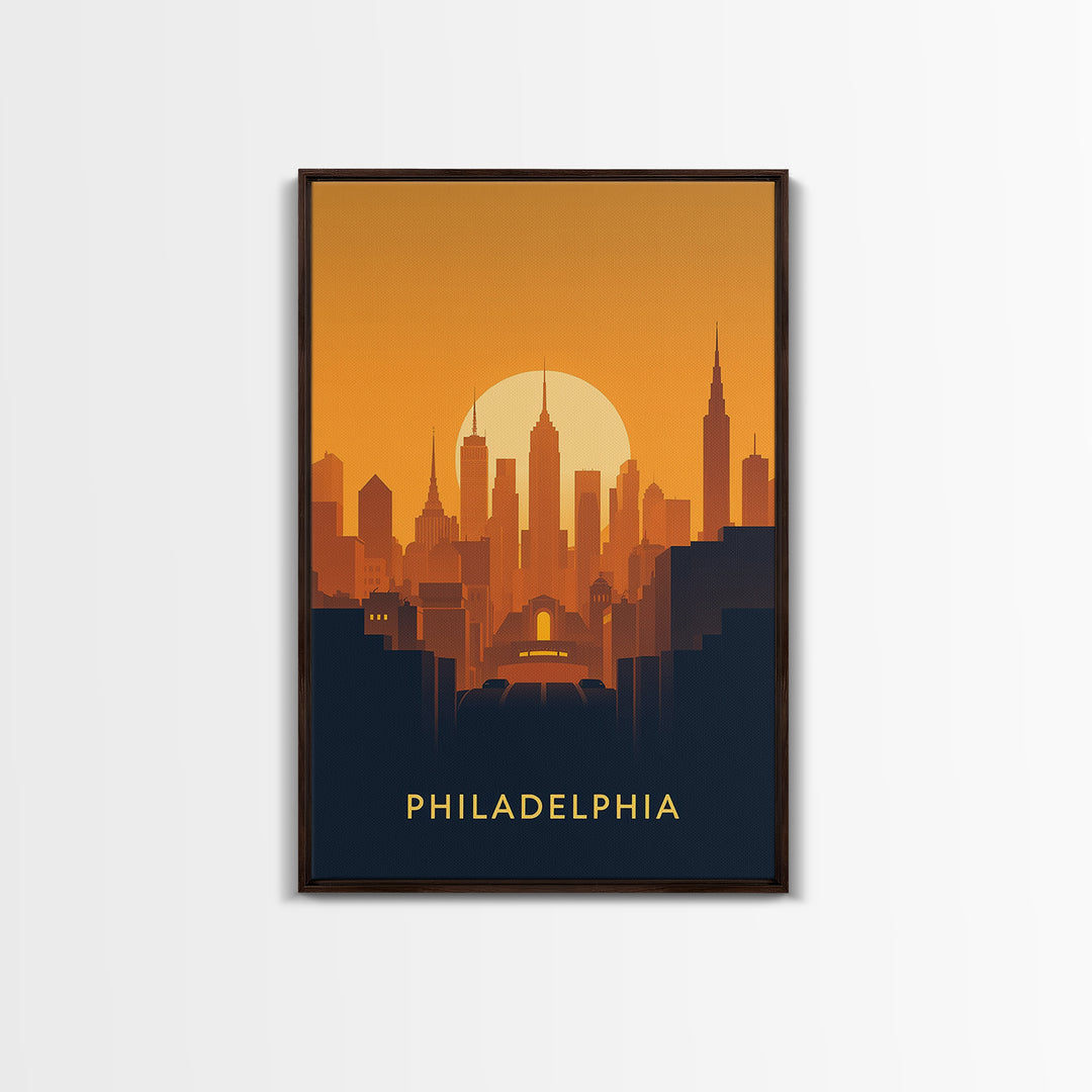 Philadelphia Travel Poster, Framed Canvas Print, Warm Sunset Silhouette Art, Philadelphia Travel Art, Modern Wall Decor, Travel Wall Art