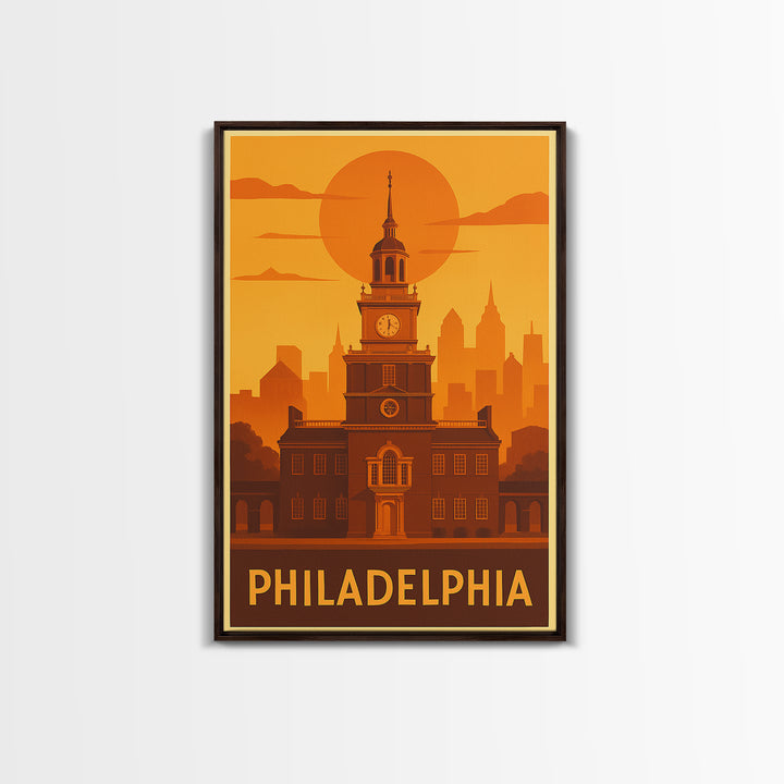 Philadelphia Travel Poster, Canvas Print, Warm Sunset Silhouette Art, Philadelphia Travel Art, Travel Art Print, Living Room Wall Art