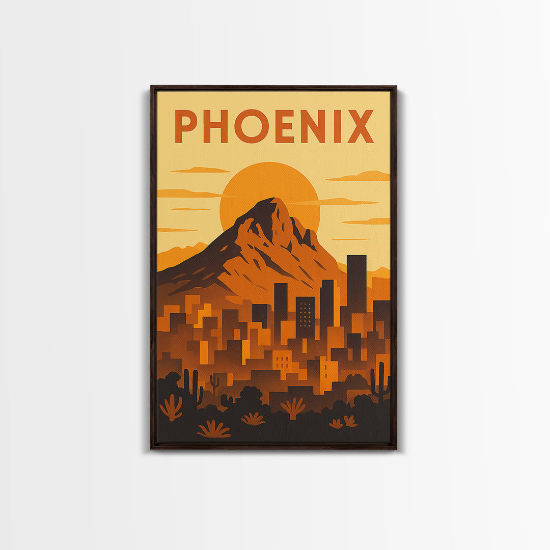Phoenix Arizona Travel Poster, Framed Canvas Print, Gold Art Deco Poster Art, Phoenix Poster Print, City Travel Prints, Watercolor Skyline