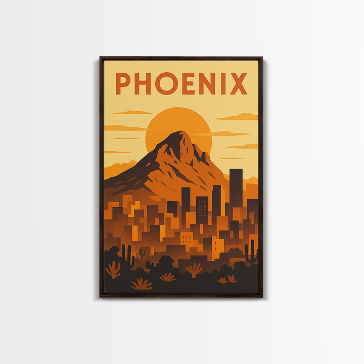 Phoenix Arizona Travel Poster, Framed Canvas Print, Gold Art Deco Poster Art, Phoenix Poster Print, City Travel Prints, Watercolor Skyline