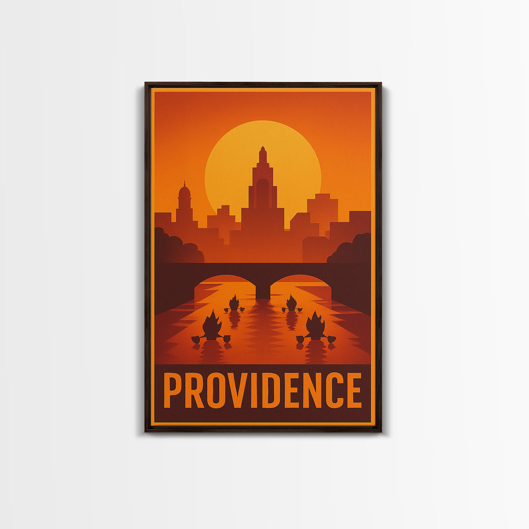 Providence Travel Poster, Framed Canvas Print, Warm Sunset Silhouette Art, Providence City Art, City Art Print, Mid Century Wall Art