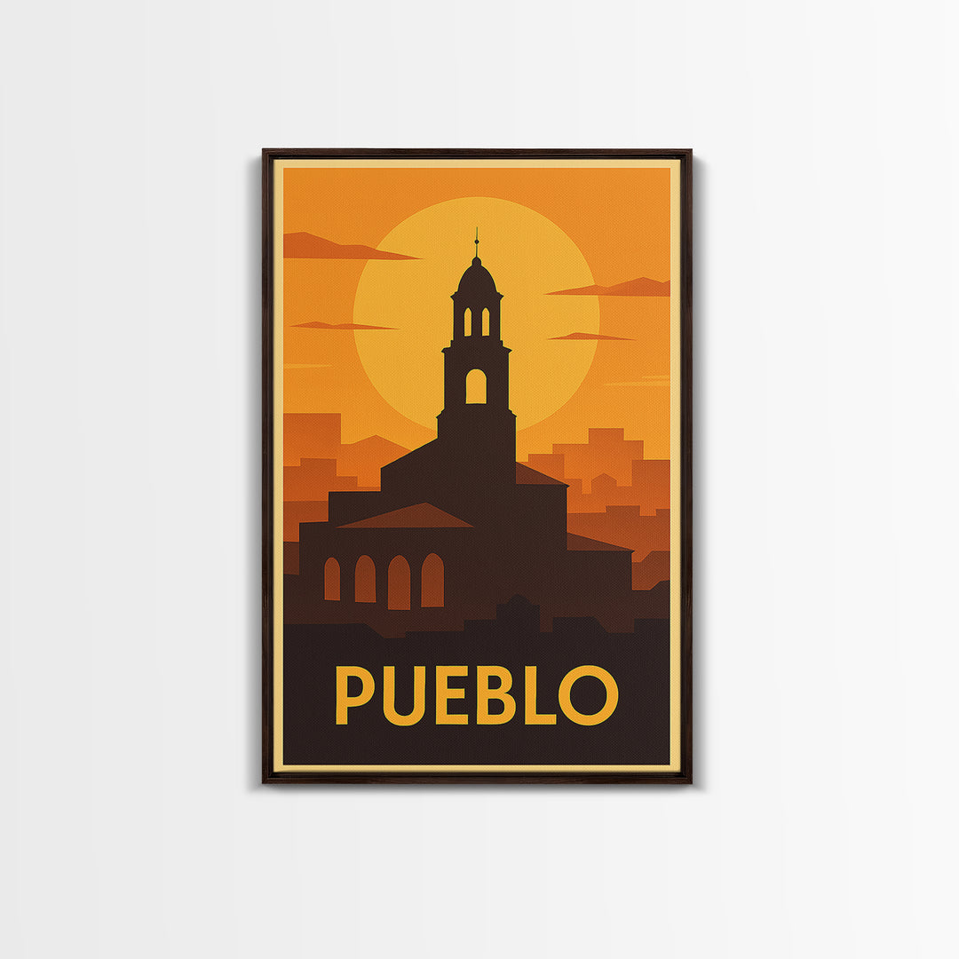 Pueblo Travel Poster, Framed Canvas Print, Gold Art Deco Poster Art, Pueblo City Art, Travel Wall Decor, Home Office Decor, Travel Print