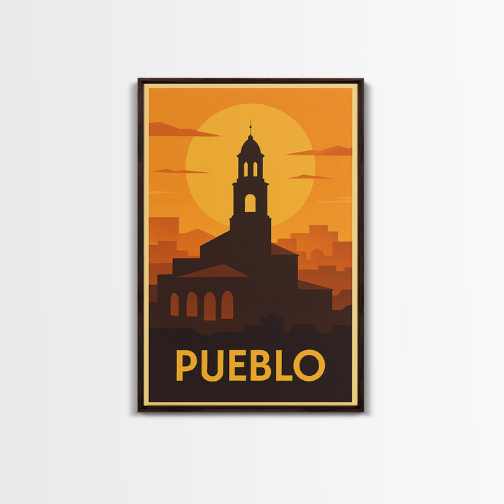 Pueblo Travel Poster, Framed Canvas Print, Gold Art Deco Poster Art, Pueblo City Art, Travel Wall Decor, Home Office Decor, Travel Print