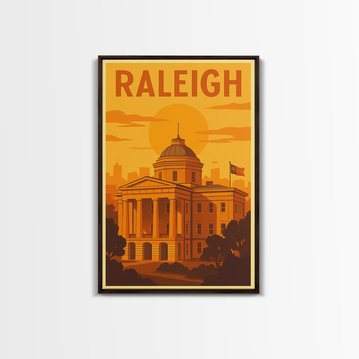 Raleigh North Carolina Travel Poster, Canvas Print, Warm Sunset Silhouette Art, Raleigh City Art, Gift For Travelers, Vintage Travel Art