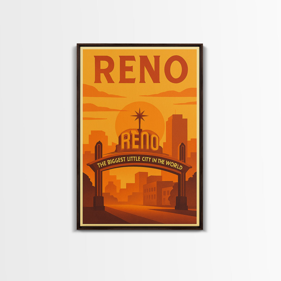 Reno Nevada Travel Poster, Canvas Print, Warm Sunset Silhouette Art, Reno Wall Art, City Art Print, Mid Century Wall Art, City Illustration