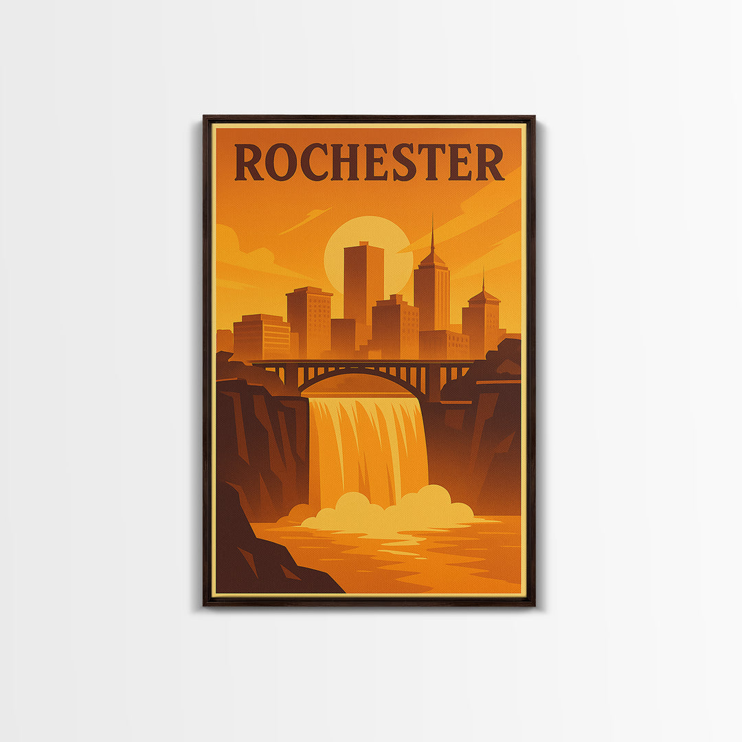 Rochester New York Travel Poster, Canvas Print, Warm Sunset Silhouette Art, Rochester Wall Art, Poster Art, City Illustration, Retro Poster