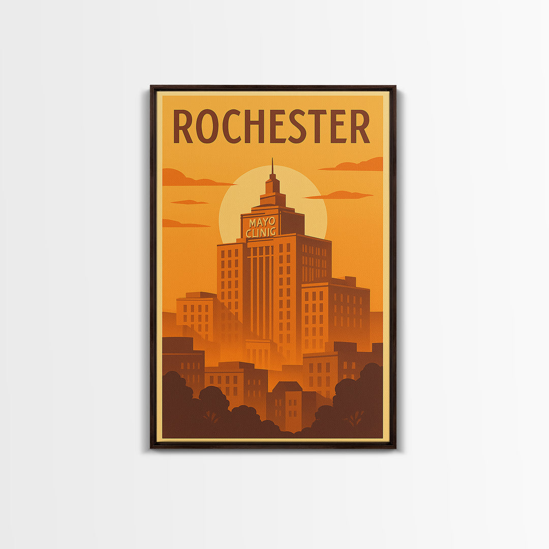 Rochester Travel Poster, Framed Canvas Print, Warm Sunset Silhouette Art, Rochester Art Print, Home Office Decor, Mid Century Wall Art