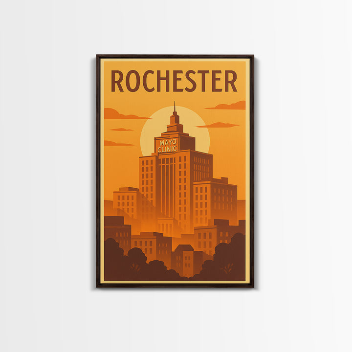 Rochester Travel Poster, Framed Canvas Print, Warm Sunset Silhouette Art, Rochester Art Print, Home Office Decor, Mid Century Wall Art