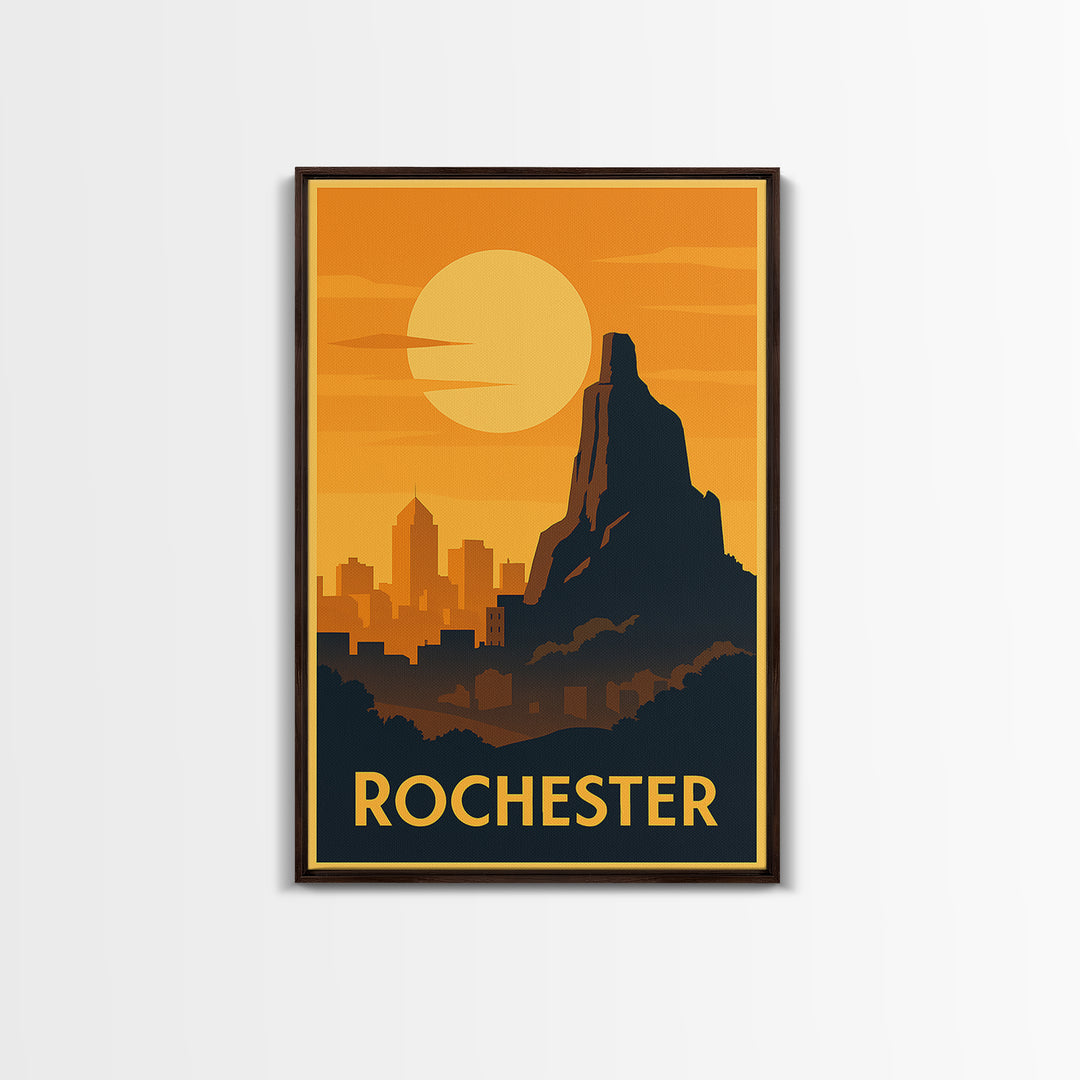 Rochester Travel Poster, Framed Canvas Print, Warm Sunset Silhouette Art, Rochester Travel Art, Living Room Wall Art, Vintage City Poster