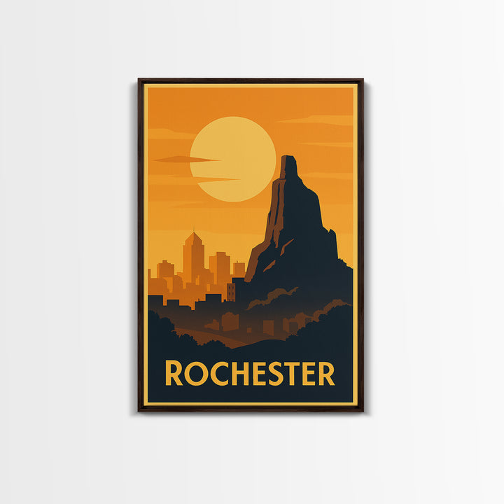 Rochester Travel Poster, Framed Canvas Print, Warm Sunset Silhouette Art, Rochester Travel Art, Living Room Wall Art, Vintage City Poster