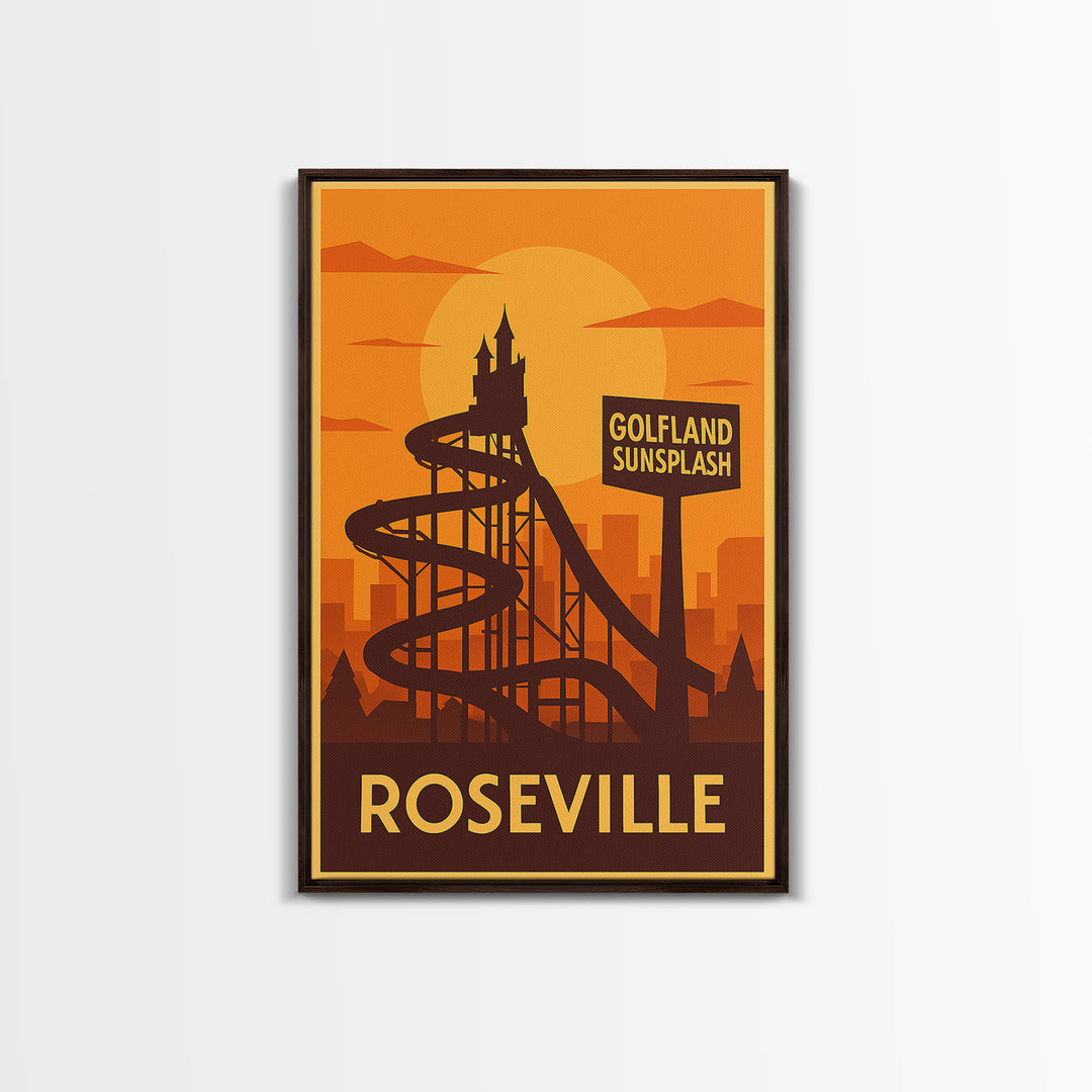 Roseville Travel Poster, Framed Canvas Print, Gold Art Deco Poster Art, Roseville Poster Print, Retro Travel Print, Vintage City Art