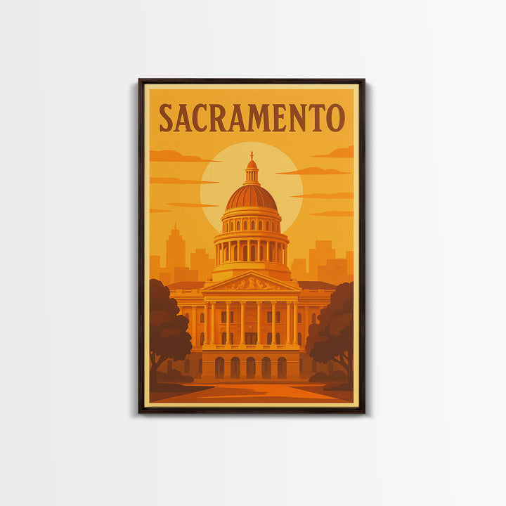 Sacramento California Travel Poster, Canvas Print, Golden Travel Poster Art, Sacramento Travel Art, Wall Art, Watercolor Downtown Skyline