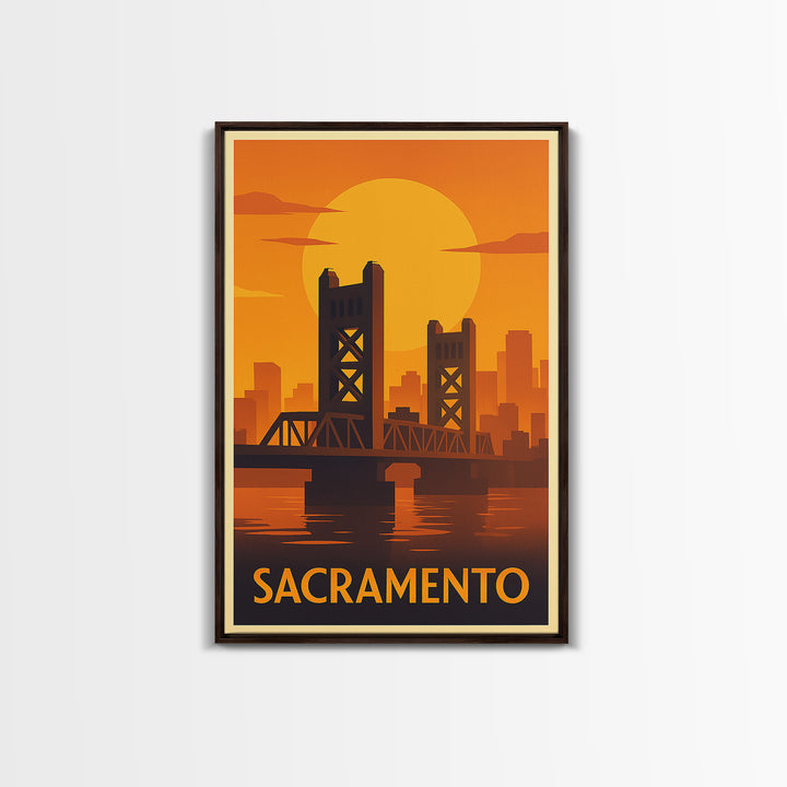 Sacramento Travel Poster, Framed Canvas Print, Warm Sunset Silhouette Art, Sacramento Art Print, City Travel Prints, Fine Art Print
