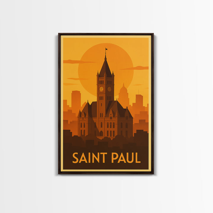 Saint Paul Travel Poster, Framed Canvas Print, Warm Sunset Silhouette Art, Saint Paul City Art, Travel Poster Set, Travel Poster Art