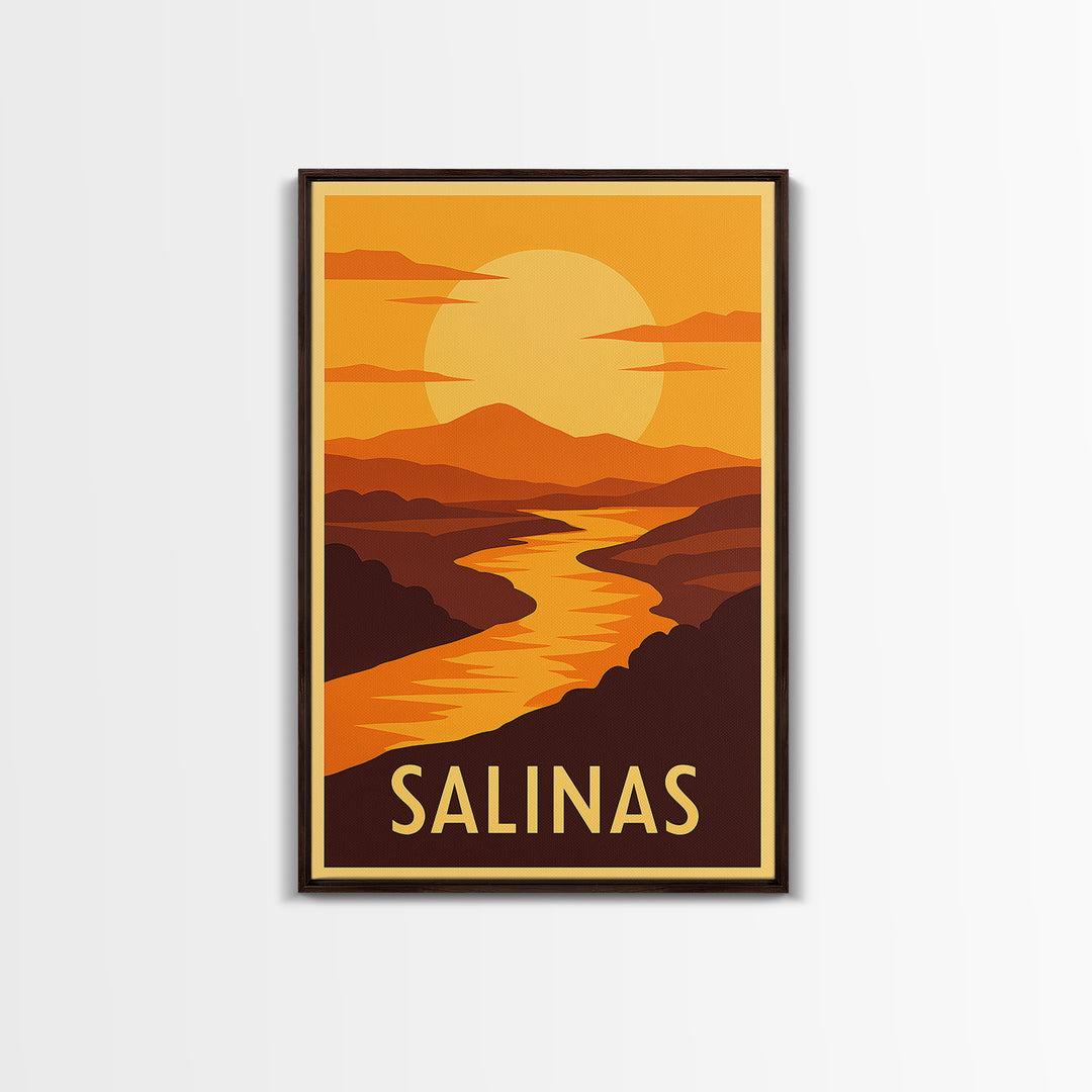 Salinas Travel Poster, Framed Canvas Print, Golden Travel Poster Art, Salinas Poster Print, City Illustration, Vintage City Art