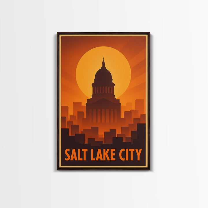 Salt Lake City Travel Poster, Framed Canvas Print, Warm Sunset Silhouette Art, Salt Lake City Travel Art, Home Office Decor, City Poster