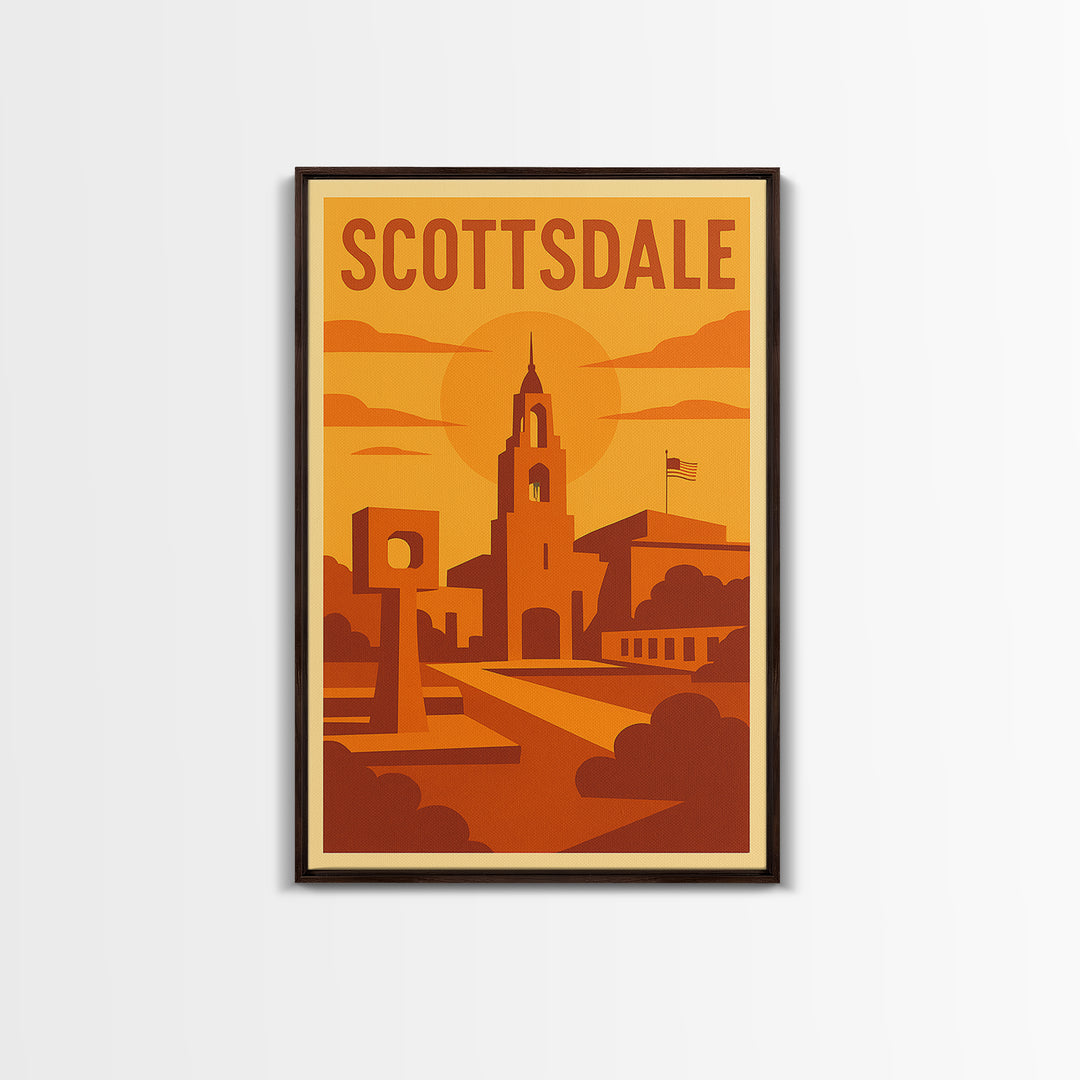Scottsdale Arizona Travel Poster, Canvas Print, Warm Sunset Silhouette Art, Scottsdale Art Print, Mid Century Wall Art, Vintage Travel Print