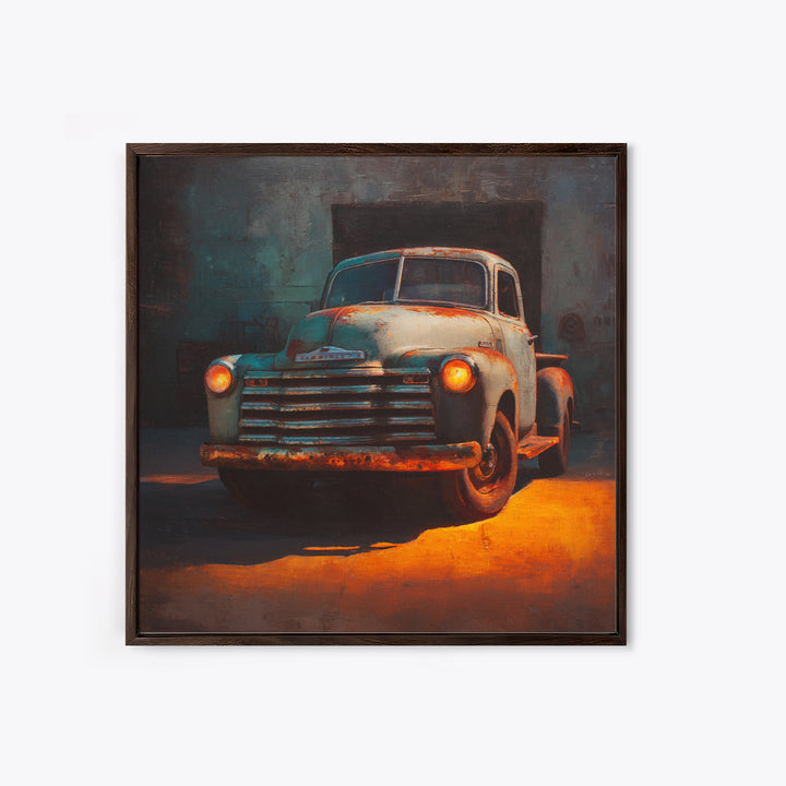 Pickup Truck in Dusty Sunset Light Framed Canvas Print, Garage Art, Tattoo Art, Garage Decor, Oil Painting, Motor, GAR-1x1-37
