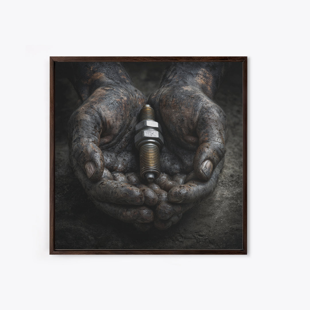 Mechanic Hands Holding a Spark Plug Framed Canvas Print, Garage Art, Gallery Decor, Garage Decor, Fine Art, Motor, GAR-1x1-78