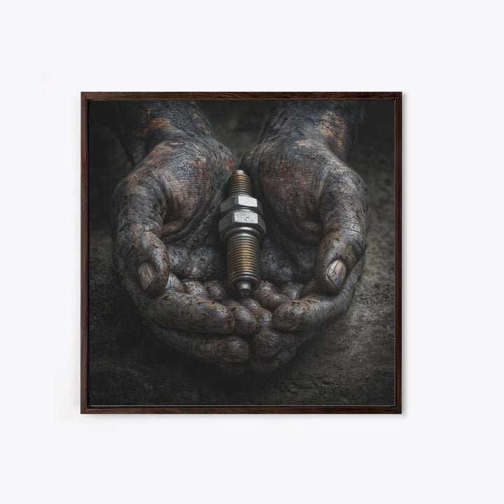 Mechanic Hands Holding a Spark Plug Framed Canvas Print, Garage Art, Gallery Decor, Garage Decor, Fine Art, Motor, GAR-1x1-78