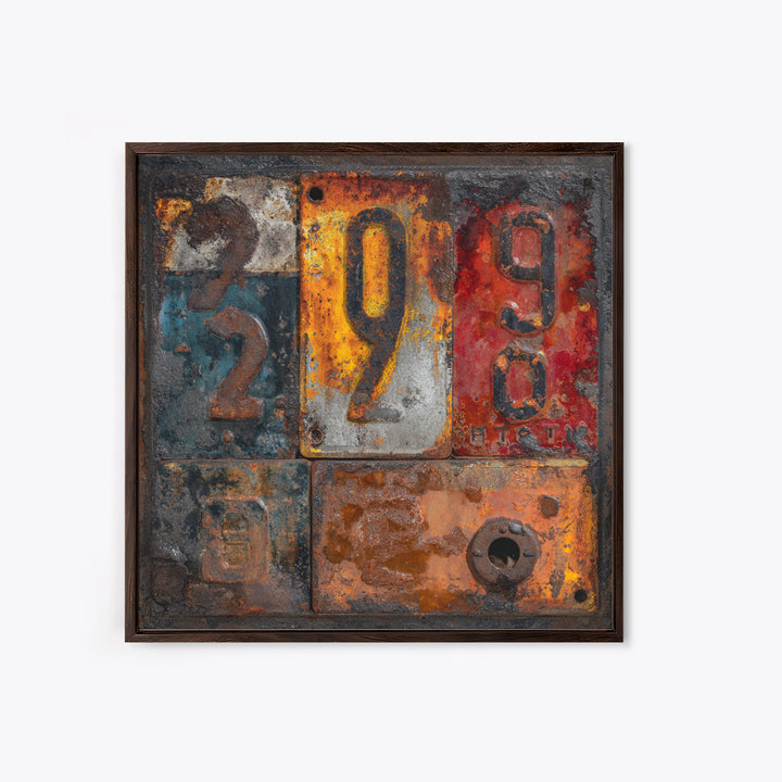 Rusty License Plate Collage Framed Canvas Print, Garage Art, Modern Decor, Garage Decor, Fine Art, Motor, Home Decor, GAR-1x1-80