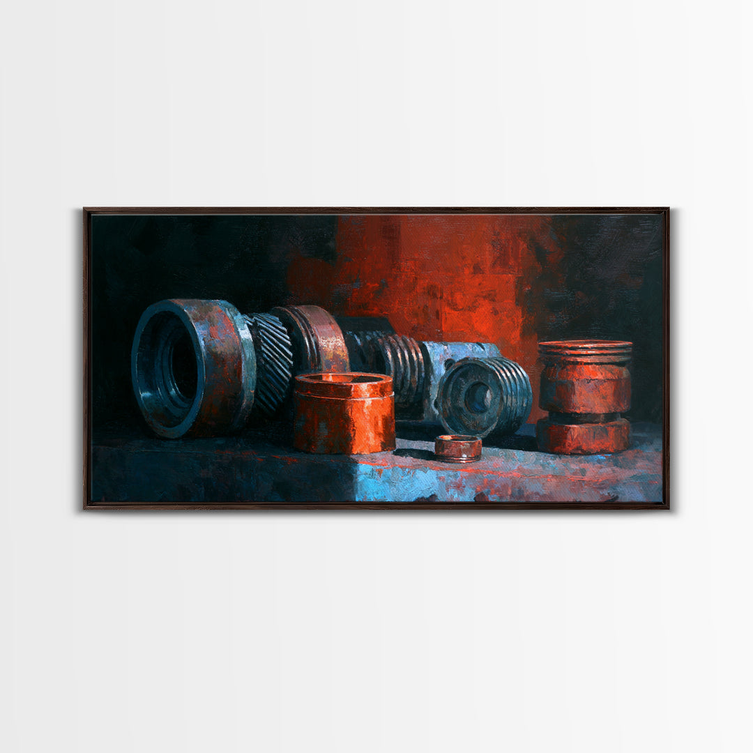 Camshaft and Gears Industrial Still Life Framed Canvas Print, Garage Art, Game Room Decor, Garage Decor, Fine Art, Motor, GAR-2x1-11